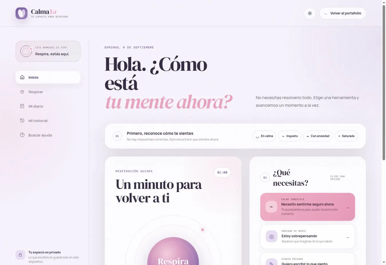 Pantalla principal del proyecto CalmaYa